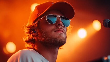 Young musician performs on stage with vibrant lights during evening concert in outdoor venue