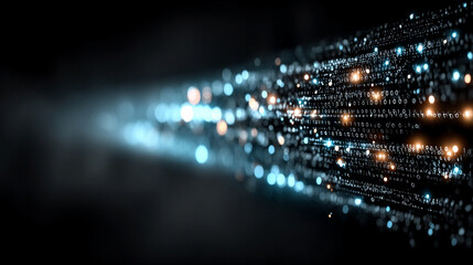 A long digital pipeline formed by vibrant glowing blue matrix binary code, symbolizing data flow, digital connectivity, technology networks, and futuristic information systems.


