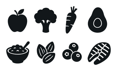 Healthy foods icons set – silhouette style, nourishment and diet graphics