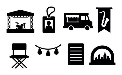 Jazz festival silhouette icons set – music, celebration and event planning symbols