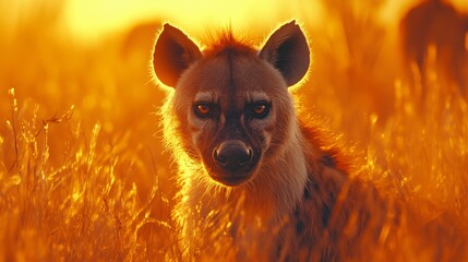 Hyena encounters twilight in a golden savanna during a warm evening safari