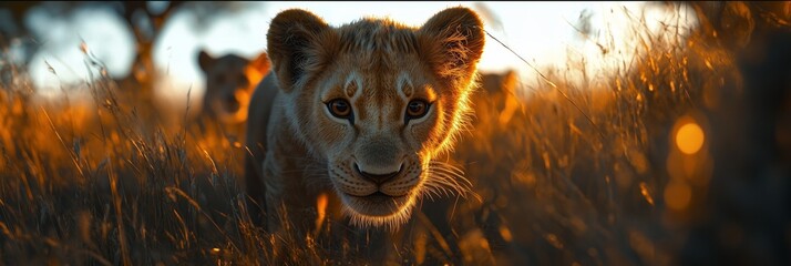 Lion cub explores savanna at sunset with siblings in the background