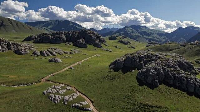 Scenic aerial journey over majestic mountain landscape with rolling clouds