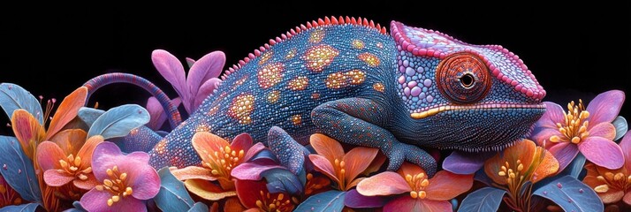 Colorful chameleon resting among vibrant flowers in a detailed nature setting