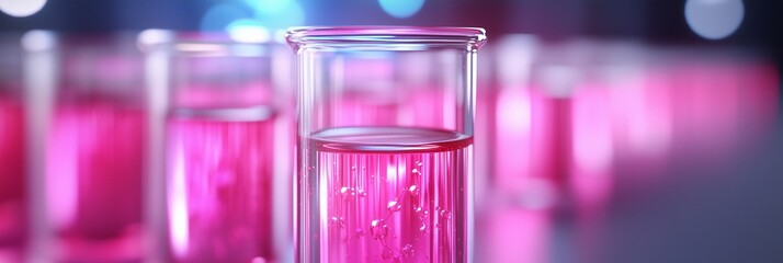 Colorful test tubes filled with pink liquid create a vibrant atmosphere in a laboratory setting at night