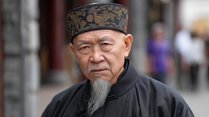 Elderly man wearing traditional attire poses outdoors with a serious expression in an historical location