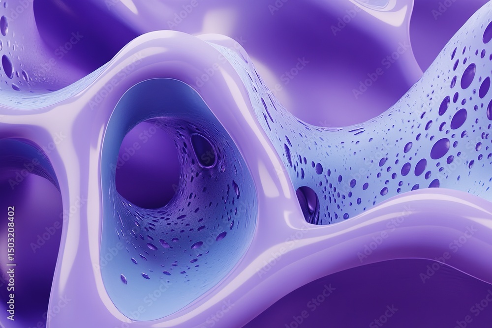 Poster abstract purple shapes merge, creating a dynamic, textured surface with porous details and smooth ed