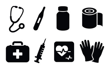 Fototapeta premium Medical essentials silhouette icons set – healthcare, simple medical tools graphics