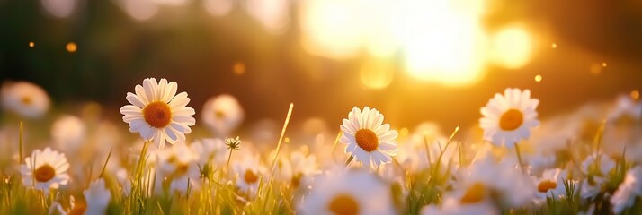 Vibrant daisies bloom in a sunlit field during golden hour, showcasing nature's beauty in a serene landscape
