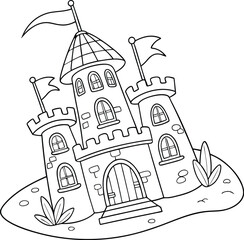 Vintage vector illustration of a medieval castle on a hill, featuring intricate architectural design and urban village elements