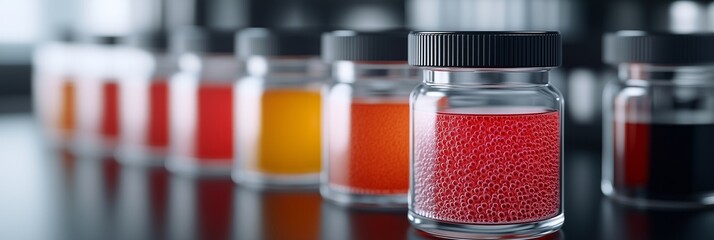 Colorful glass jars filled with various liquids are lined up on a dark surface in a laboratory setting during the daytime