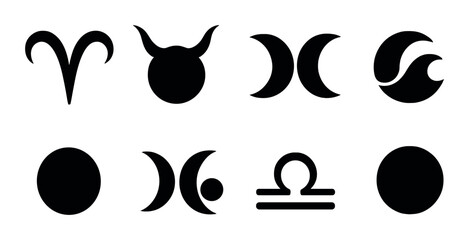 Zodiac and moon silhouette icons set – astrology, celestial and horoscope symbols