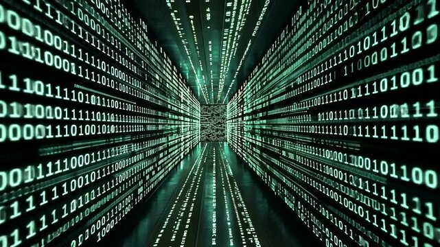 Data Tunnel Walls of binary code create a tunnel effect, suggesting a journey through information, with a vanishing point