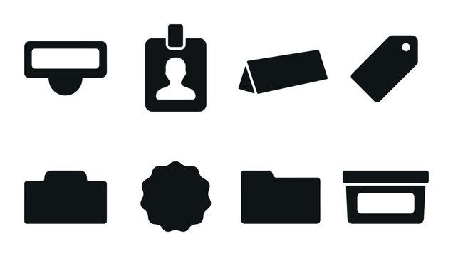 Office label silhouette icons set – simple, organizational and categorizing graphics