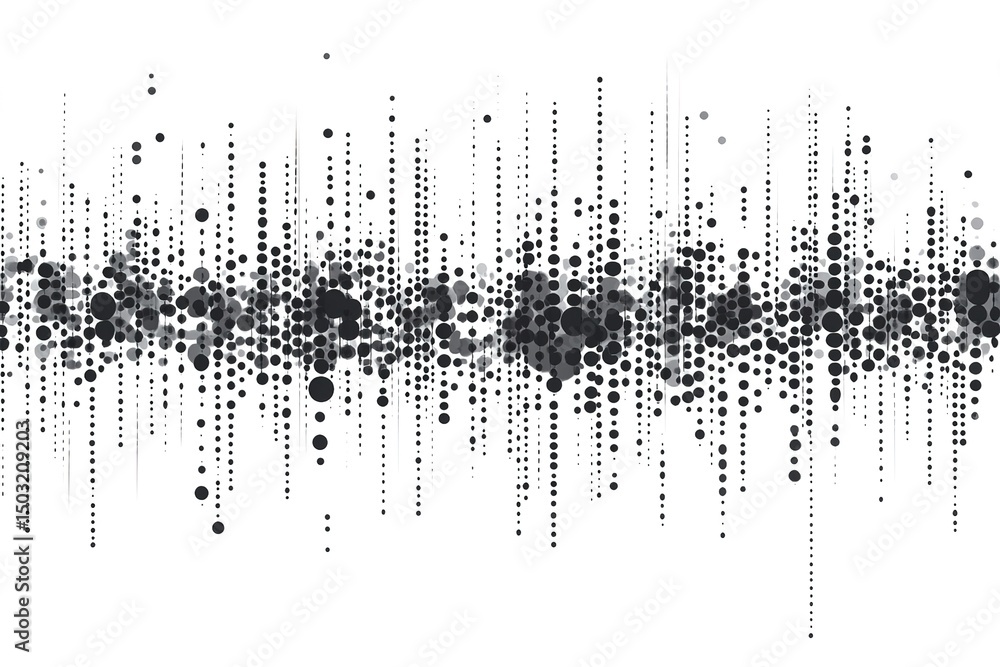 Poster cascading black circles of varied sizes create a dynamic abstract pattern on white