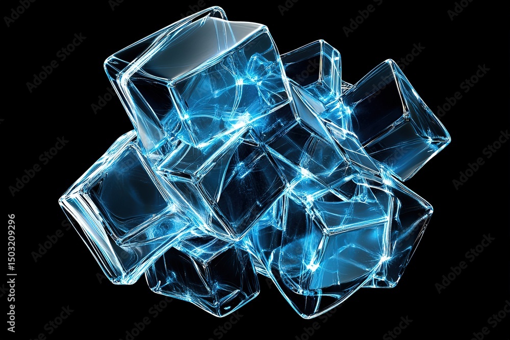 Poster cluster of luminous transparent ice cubes creating futuristic abstract formation shines on black bac