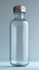 Naklejka premium Transparent glass vial with metallic cap standing upright on a clean light background. Minimalistic 3D rendering mockup concept, ideal for branding, packaging design, and pharmaceutical product presen