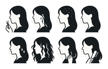 Hair troubles icons set in silhouette – simple, hairstyling and care symbols