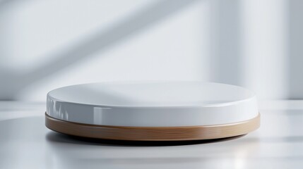 Modern round ceramic dish with wooden base displayed in minimalistic interior setting during bright daylight
