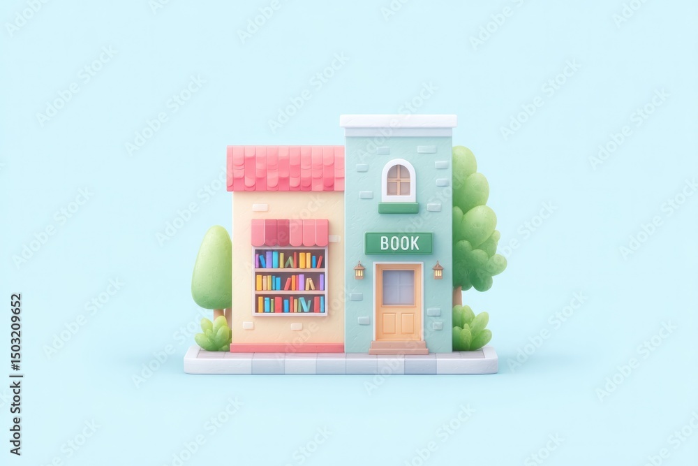 Poster illustration of bookstore front showcasing diverse architectural styles and signage design with ampl
