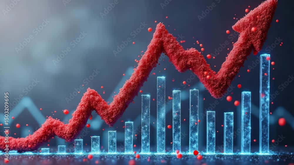 Poster a dynamic graph illustrating upward growth, featuring a red trend line against a backdrop of blue ba