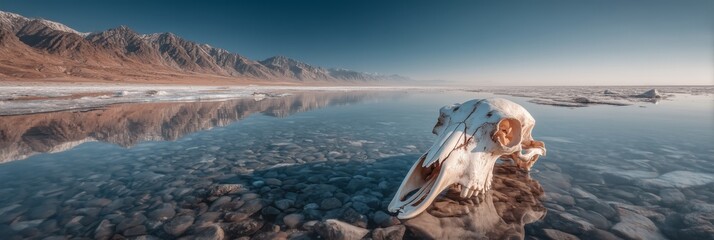 Reflective landscape featuring a animal skull on a rocky surface by the water at dawn near a mountain range