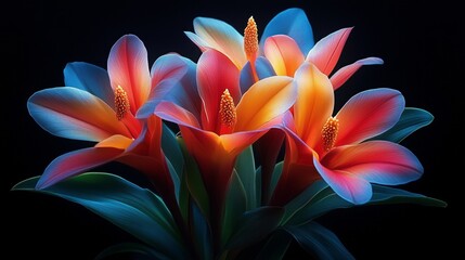 Brightly colored flowers in vibrant hues arranged elegantly against a dark background