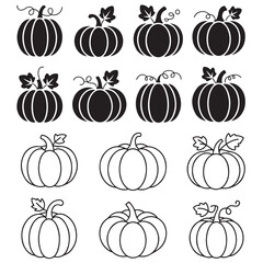 Colorful Pumpkins Autumn Harvest Clipart Set, Black vector Silhouette Pumpkins with Variations, 