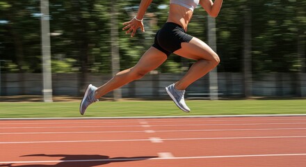 Fototapeta premium Female athlete sprinting on red athletics track with motion blur during sunny outdoor training