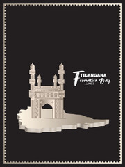 Telangana Formation Day 2 June landmark on 3d map vector poster