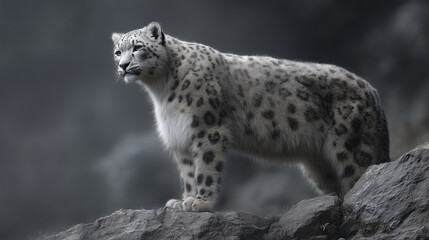Fototapeta premium snow leopard standing majestically on a rocky cliff with snowy mountain background