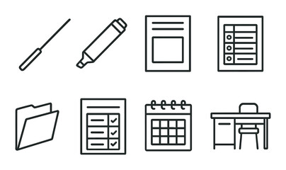 Teacher's essential tools icons set &ndash; outline, educational, classroom resources