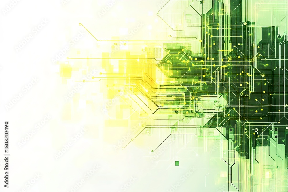 Poster intricate green and yellow circuit board pattern forms an abstract, complex technological structure