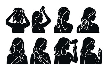 Haircare routine icons set in silhouette – grooming, styling, and beauty symbols