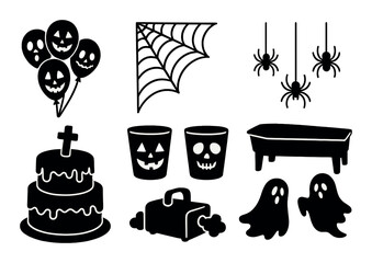 Halloween party icons set – silhouette, spooky and festive decorations for events