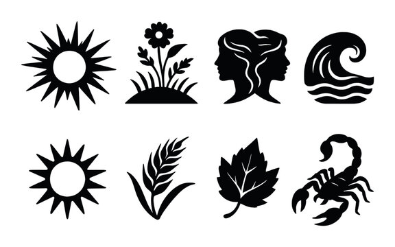 Zodiac timeframes icons set – silhouette, simple horoscope and astrology symbols