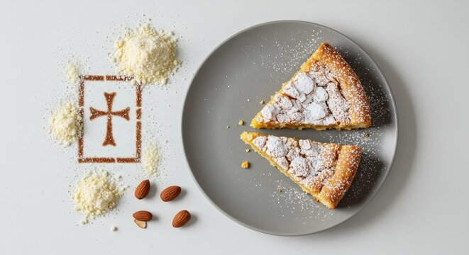 Spanish tarta de santiago almond cake slices with cross of st james flat lay traditional dessert