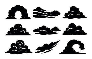 Cloud silhouette icons set – simple cloudscape, atmospheric and weather graphics