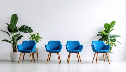 Five blue chairs against a white background single chair illuminated by yellow spotlight focus contrast
