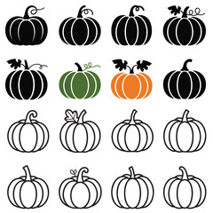 Colorful Pumpkins Autumn Harvest Clipart Set, Black vector Silhouette Pumpkins with Variations, 