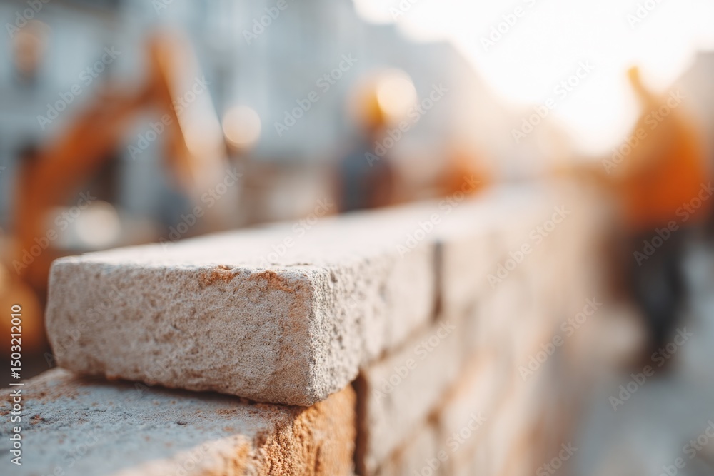 Aufkleber minimalistic construction scene with focus on precise bricklaying process in foreground showcasing d