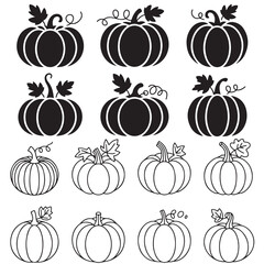 Colorful Pumpkins Autumn Harvest Clipart Set, Black vector Silhouette Pumpkins with Variations, 
