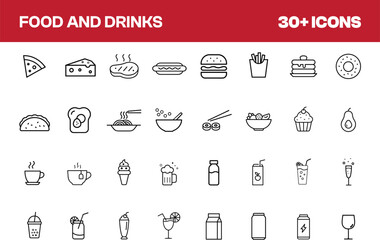 Food and Drinks Icons Set. Contains icons related to food and beverages: pizza, cheese, bread, soup, burger, fries, donut, taco, toast, noodles, salad, sushi. Editable stroke. Vector illustration.