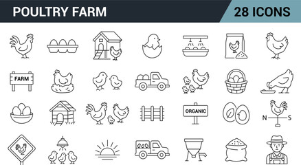 Poultry Farm Line Editable Icons Set. 
Includes Rooster, Hen, Chicks, Eggs, Chicken Coop, Farmer, Feed Bag, Farm Truck, Organic Sign, Feeding Trough, Nest, and more. Vector Illustration.