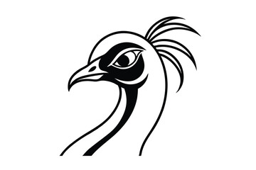 Elegant peacock head profile black and white illustration
