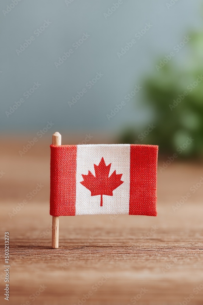 Poster minimalistic image of small canadian flag on wooden table emblem visible with abundant copy space ar