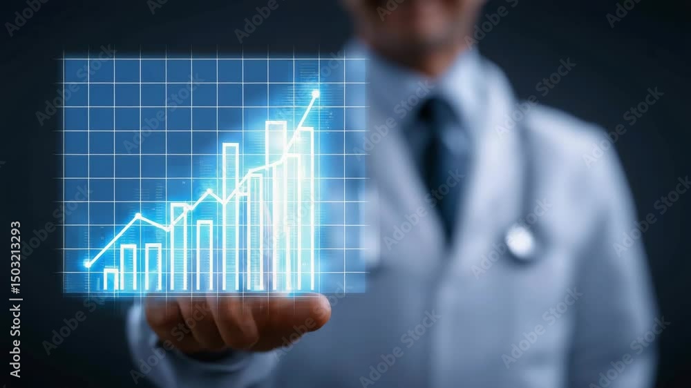Poster a doctor in a lab coat interacts with a virtual graph showing upward growth and data analysis.