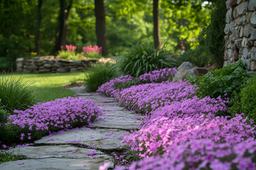 Lush carpet of purple creeping phlox (Phlox subulata) in full bloom with delicate star-shaped flowers featuring pink centers, creating a stunning ground cover in a sunny garden setting.