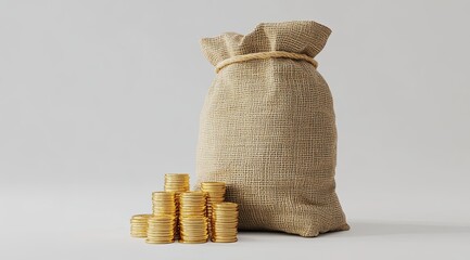 Beige canvas money bag, gold coins