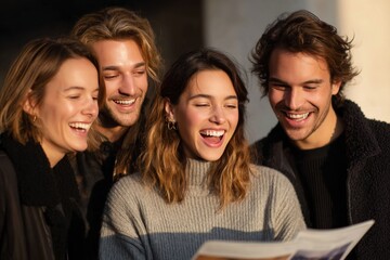 Group of friends laughing together while reading newspaper outdoors